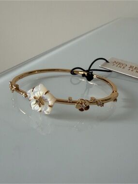 Gold Floral Pearl Bangle Bracelet